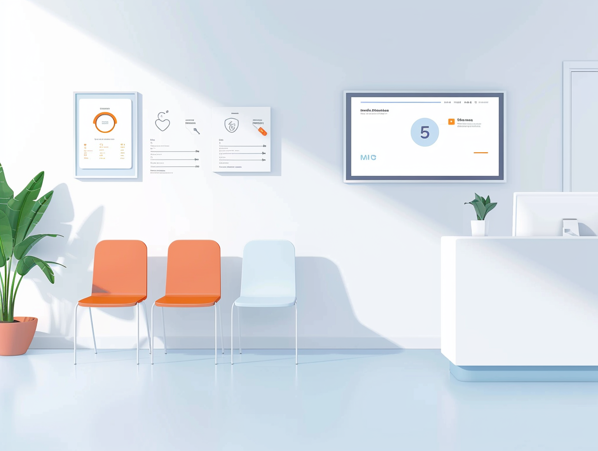 Clinic reception with digital signage for information
