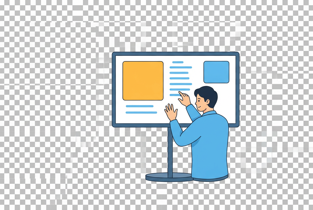 デジタルサイネージの管理画面でコンテンツを作成・更新するイメージ